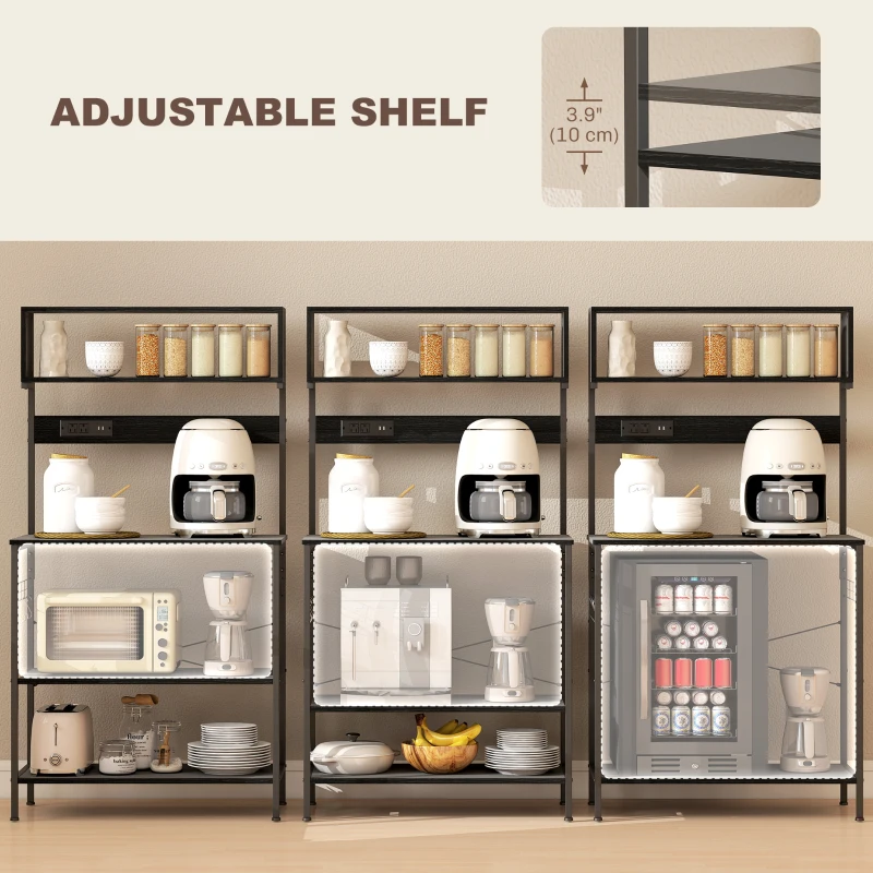 HOMCOM Baker's Rack with Charing Station, Microwave Shelf with Power Outlet, USB Charger and 5 Hooks, Black