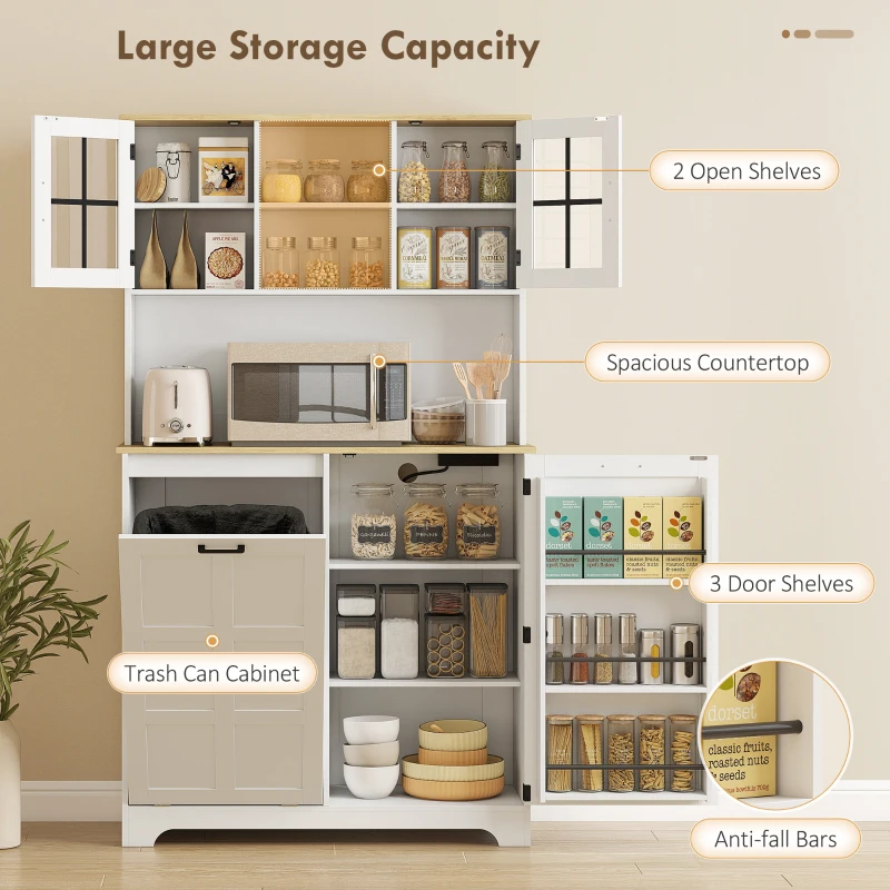 HOMCOM Kitchen Pantry Cabinet with Charging Station, 7 Gallon Trash Can Cabinet, Adjustable Shelves and Acrylic Doors, White