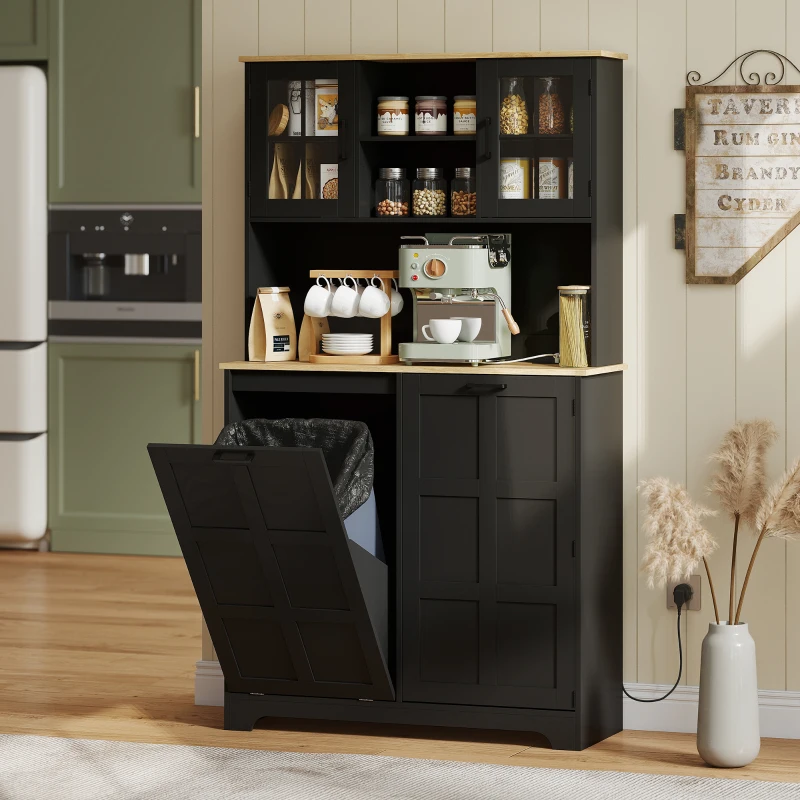 HOMCOM Kitchen Pantry Cabinet with Charging Station, 7 Gallon Trash Can Cabinet, Adjustable Shelves and Acrylic Doors, Black