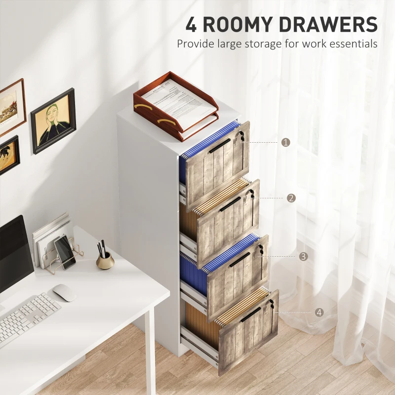 HOMCOM 4 Drawer Filing Cabinet, Farmhouse File Cabinet with Lock, Adjustable Hanging Rails for A4 Letter Size Files, White