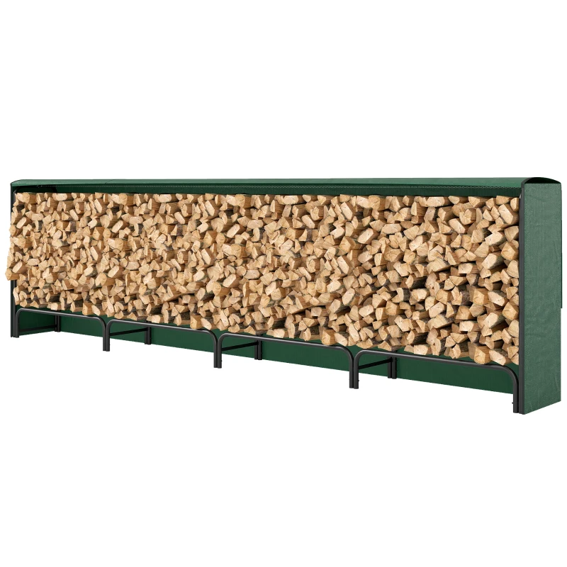 Outsunny Firewood Rack with Waterproof Cover, 500 kg Log Storage Holder with Steel Chains, 142" x 14" x 39", Dark Green