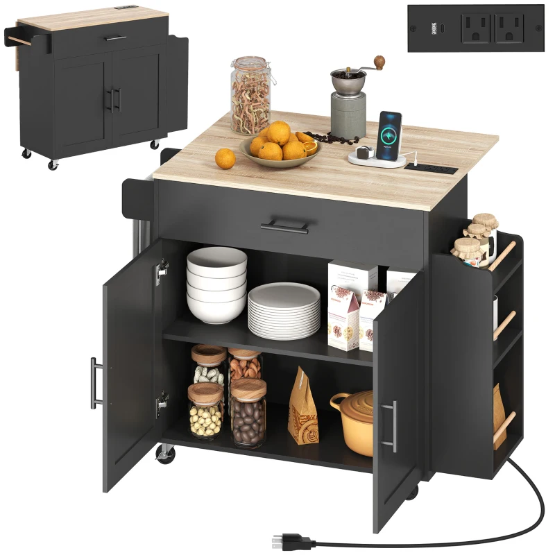 HOMCOM Kitchen Island with Storage, Rolling Kitchen Cart with Foldable Drop Leaf, Power Outlet and USB Ports, Black