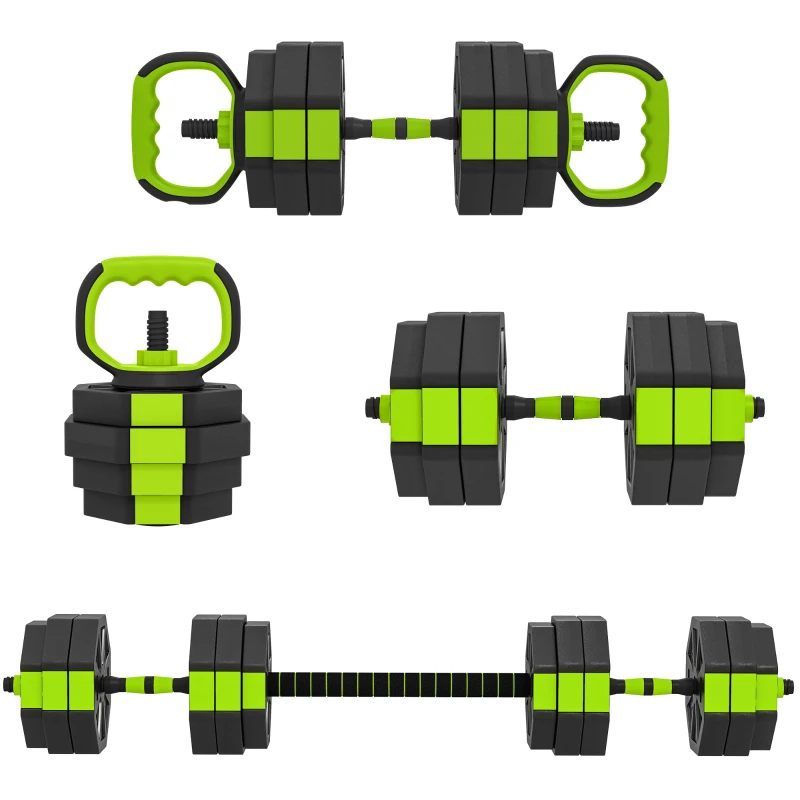 Soozier 4-in-1 Adjustable Dumbbell Set, Used as Kettlebell, Barbell, Dumbbell, Push-Up Stand, 66lbs Free Weights Set, Green