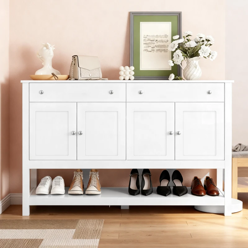 HOMCOM 47" Coffee Bar Cabinet, Sideboard Buffet Cabinet, Accent Kitchen Organizer with Adjustable Shelves and Drawers, Entryway Table for Living Room, White