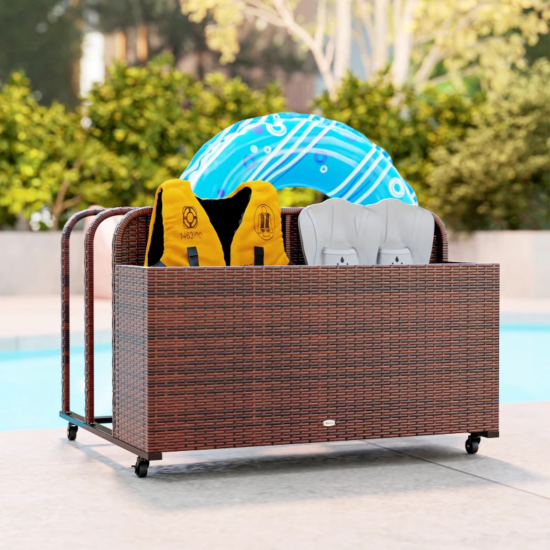 Outsunny PE Rattan Pool Float Storage Organizer with Wheels, Mixed Brown