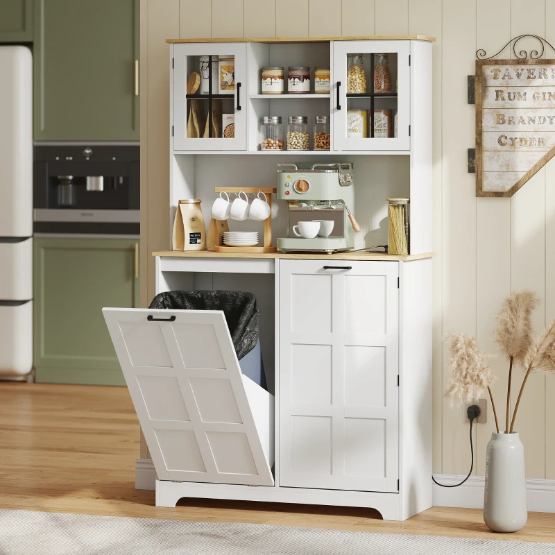 HOMCOM Kitchen Pantry Cabinet with Charging Station, 7 Gallon Trash Can Cabinet, Adjustable Shelves and Acrylic Doors, White