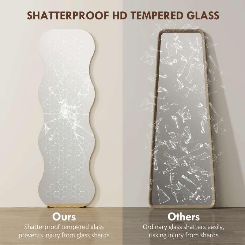 HOMCOM 64" x 21" Full Length Mirror, Irregular Wavy Frameless Full Body Mirror with Pine Wood Base for Bedroom, Black