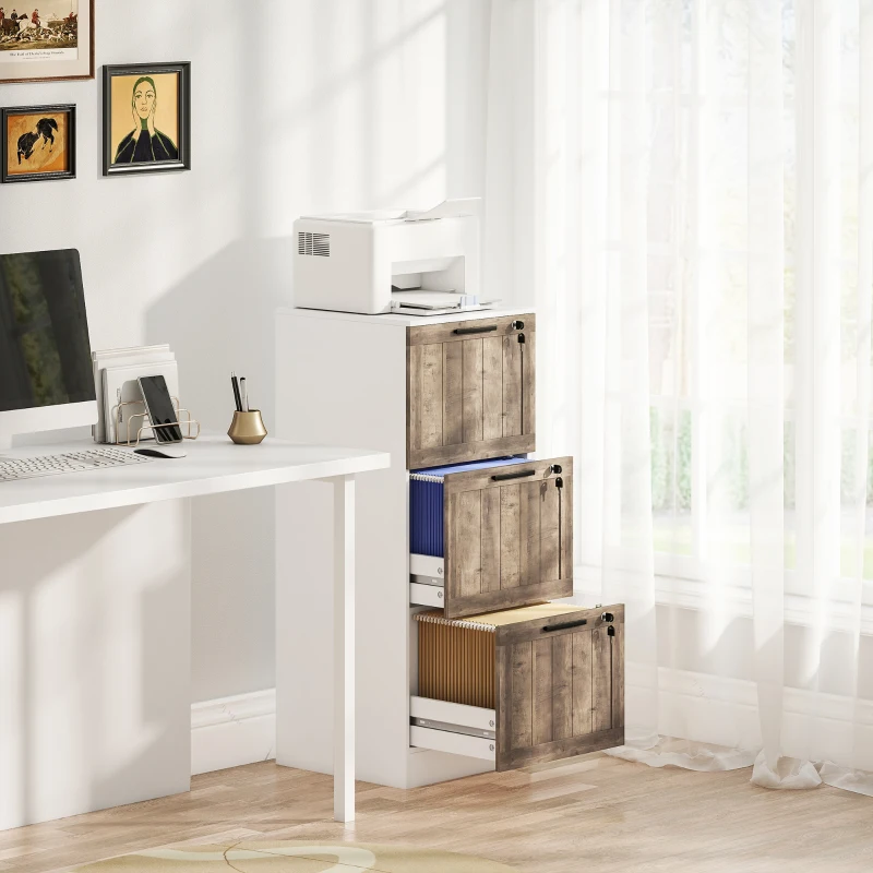 HOMCOM 3 Drawer Filing Cabinet, Farmhouse File Cabinet with Lock, Adjustable Hanging Rails for A4 Letter Size Files, White