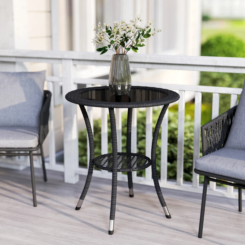 Outsunny Outdoor Rattan Dining Table, Patio Wicker Round Coffee Table with 2-Tier Storage Shelf, Black