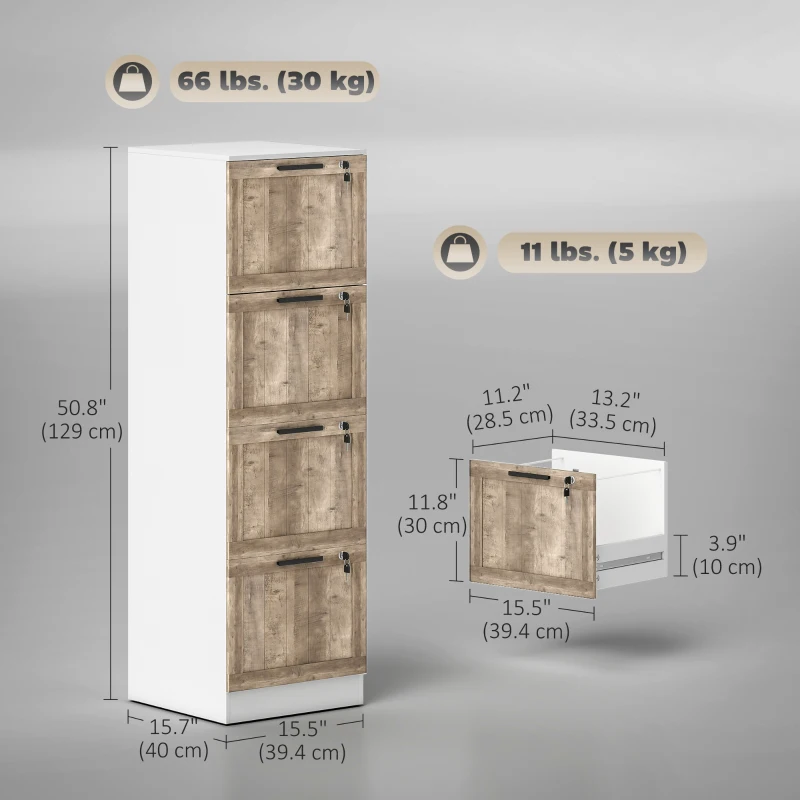 HOMCOM 4 Drawer Filing Cabinet, Farmhouse File Cabinet with Lock, Adjustable Hanging Rails for A4 Letter Size Files, White