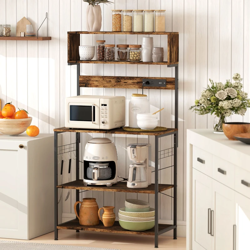 HOMCOM Baker's Rack with Charing Station, Microwave Shelf with Power Outlet, USB Charger and 5 Hooks, Rustic Brown