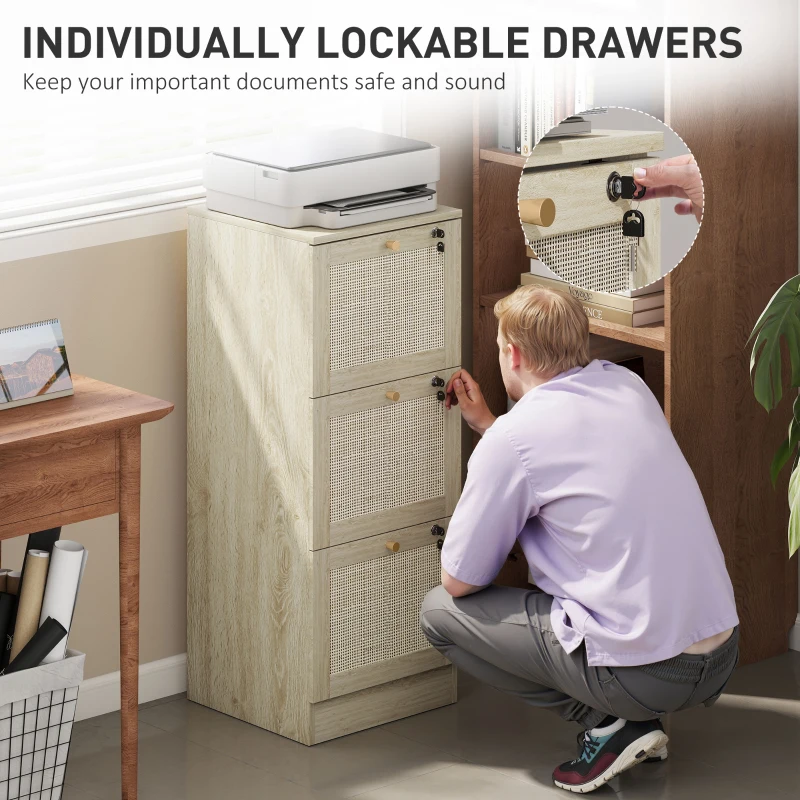 HOMCOM 3 Drawer Filing Cabinet with Lock, Boho File Cabinet for A4 Letter Size Files with Decorative Rattan Accents, Oak