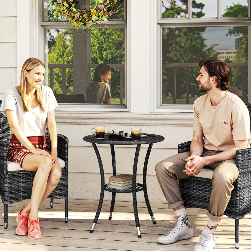 Outsunny Outdoor Rattan Dining Table, Patio Wicker Round Coffee Table with 2-Tier Storage Shelf, Black