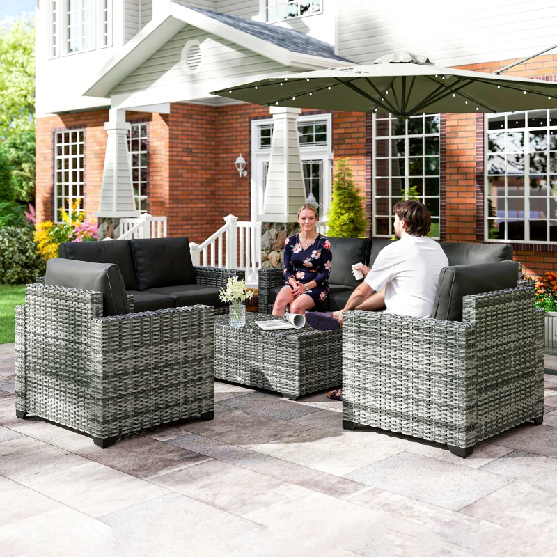 Outsunny Patio Furniture Set, Cushions, Sofa, Loveseat, Storage Table, Gray