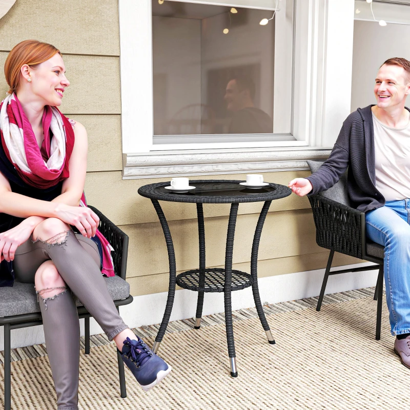 Outsunny Outdoor Rattan Dining Table, Patio Wicker Round Coffee Table with 2-Tier Storage Shelf, Black