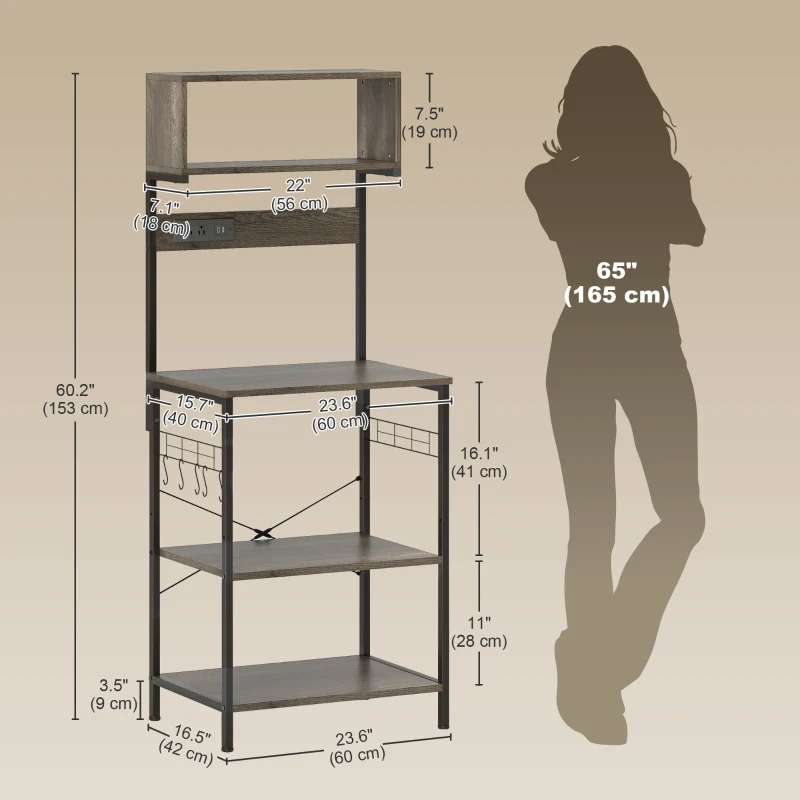 HOMCOM Baker's Rack with Charing Station, Microwave Shelf with Power Outlet, USB Charger and 5 Hooks, Distressed Grey