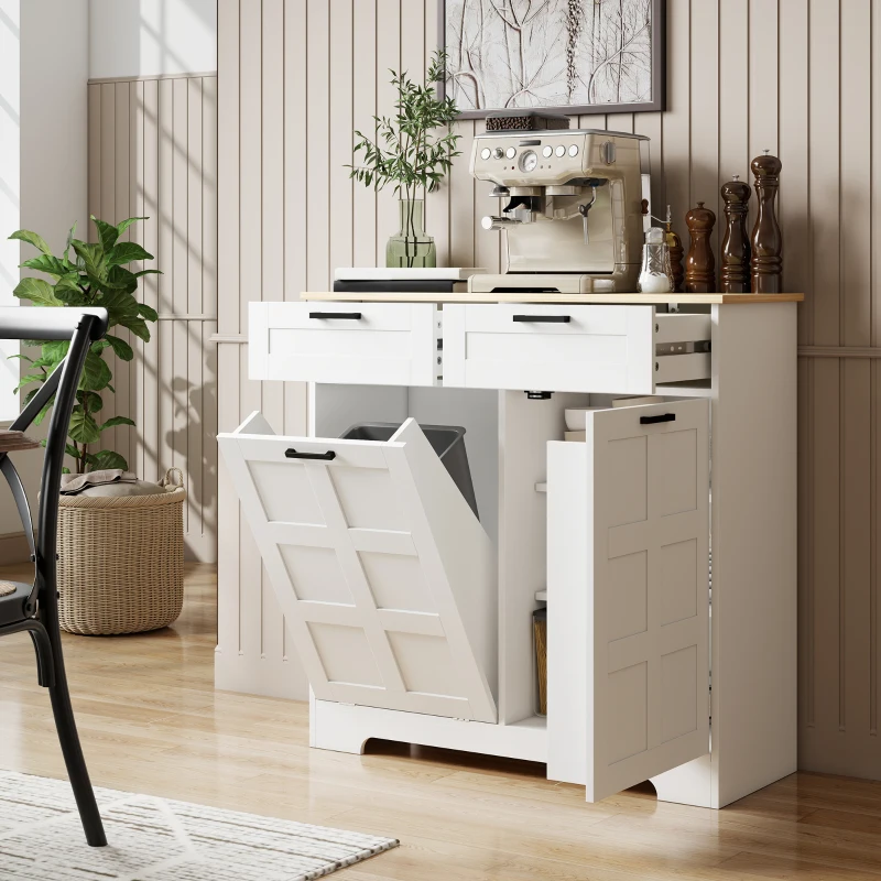 HOMCOM 7 Gallon Tilt Out Garbage Cabinet, Kitchen Island with Trash Cabinet, 2 Drawers, Door Racks, Adjustable Shelves, White