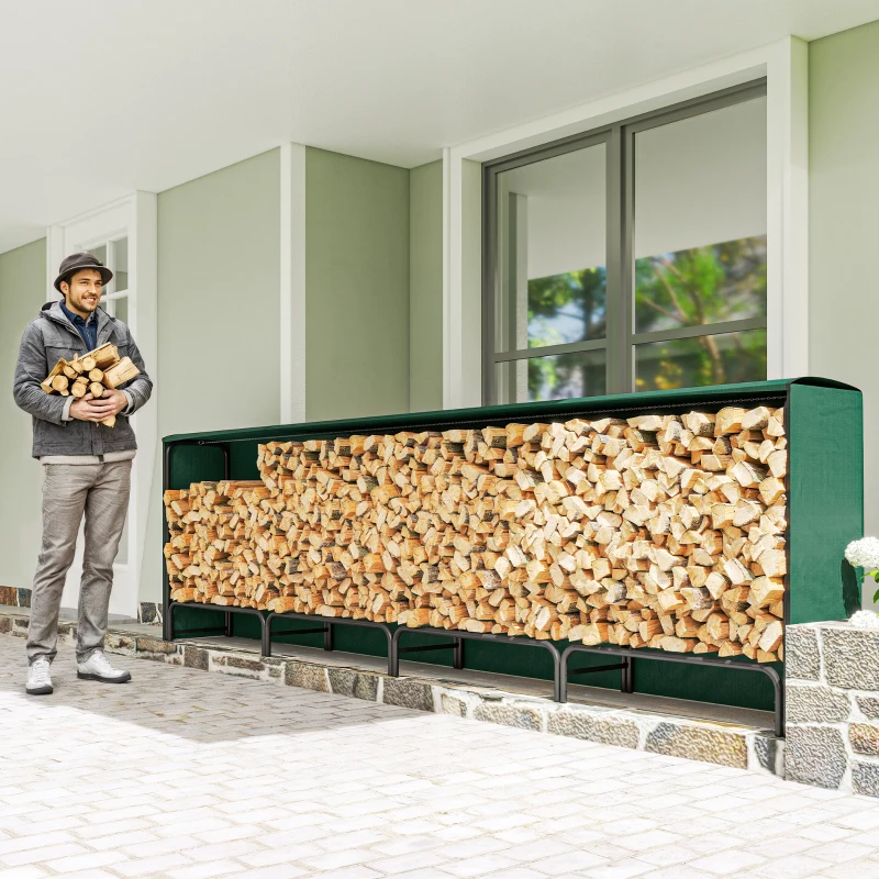 Outsunny Firewood Rack with Waterproof Cover, 500 kg Log Storage Holder with Steel Chains, 142" x 14" x 39", Dark Green