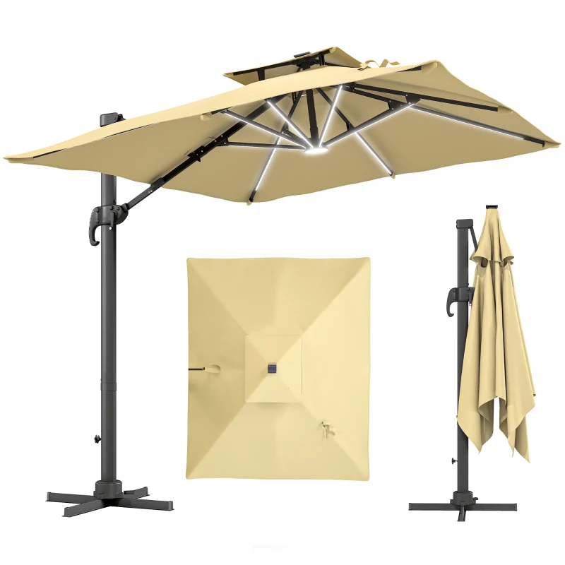 Outsunny 10ft. Solar LED Cantilever Umbrella, Offset Hanging Umbrella with 360°Rotation, Cross Base, 8 Ribs, Tilt and Crank for Yard, Khaki