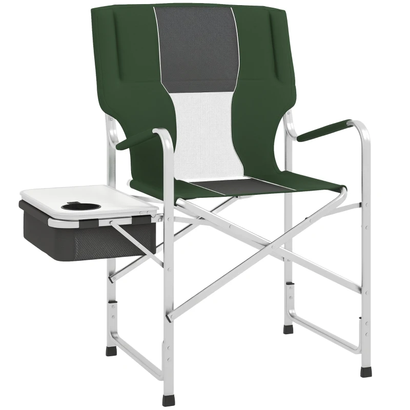 Outsunny Folding Directors Chair, Aluminum Camping Chair for Adults with Side Table, Cup Holder, Cooler Bag and Pocket, Grey