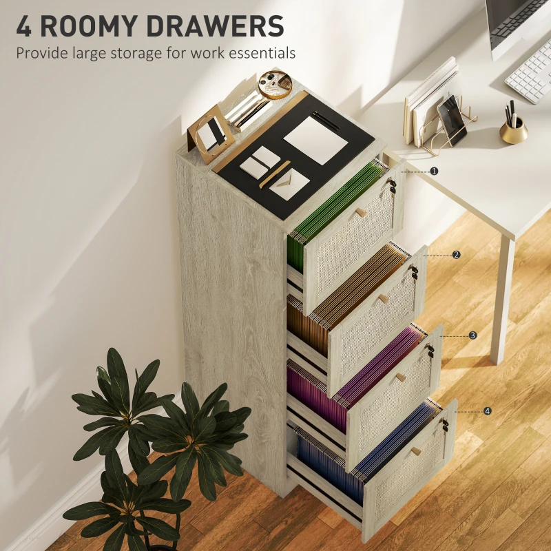 HOMCOM 4 Drawer Filing Cabinet with Lock, Boho File Cabinet for A4 Letter Size Files with Decorative Rattan Accents, Oak