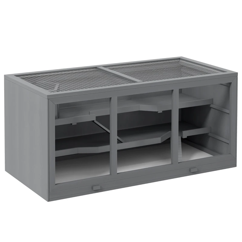 PawHut Extra Large Wooden Hamster Cage with Opening Roof, Hut, Ramps, Gray