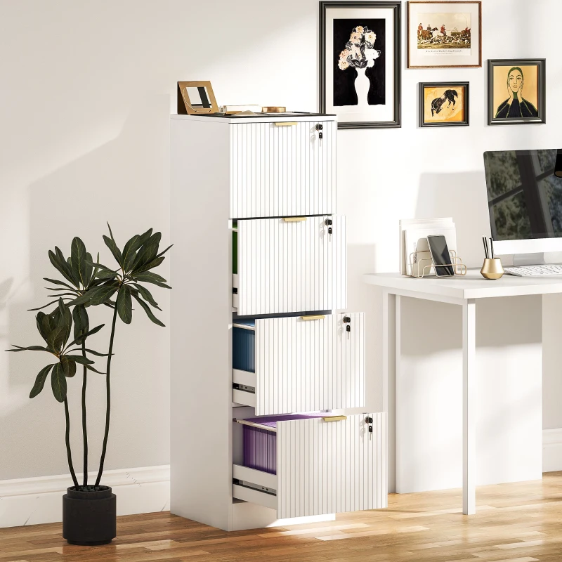 HOMCOM Lockable Filing Cabinet with 4 Fluted Drawers, File Cabinet with Adjustable Hanging Rails for A4 Letter Files, White