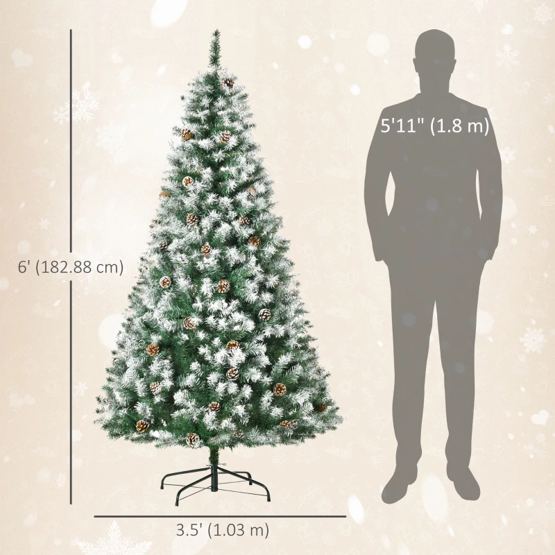 HOMCOM 6ft Snow Flocked Artificial Christmas Tree, Unlit Full Fir Tree with Automatic Open, 800 Realistic Branches and 61 Pine Cones