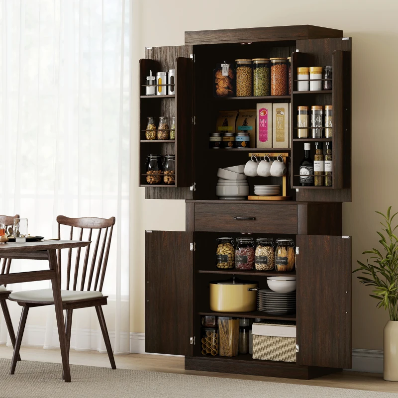 HOMCOM 72" Kitchen Pantry Cabinet, Farmhouse Kitchen Storage Cabinet with 4 Barn Doors, 6 Door Shelves, Drawer, Brown