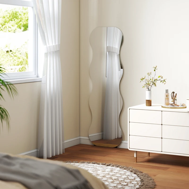 HOMCOM 64" x 21" Full Length Mirror, Irregular Wavy Frameless Full Body Mirror with Pine Wood Base for Bedroom, Black
