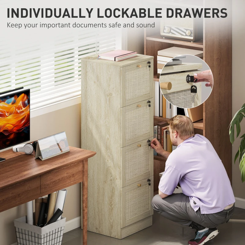 HOMCOM 4 Drawer Filing Cabinet with Lock, Boho File Cabinet for A4 Letter Size Files with Decorative Rattan Accents, Oak