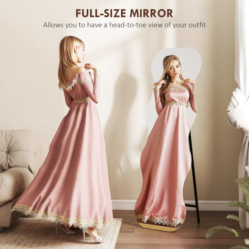 HOMCOM 64" x 21" Full Length Mirror, Irregular Wavy Frameless Full Body Mirror with Pine Wood Base for Bedroom, Black