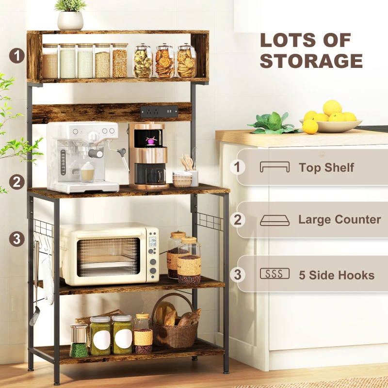 HOMCOM Baker's Rack with Charing Station, Microwave Shelf with Power Outlet, USB Charger and 5 Hooks, Rustic Brown