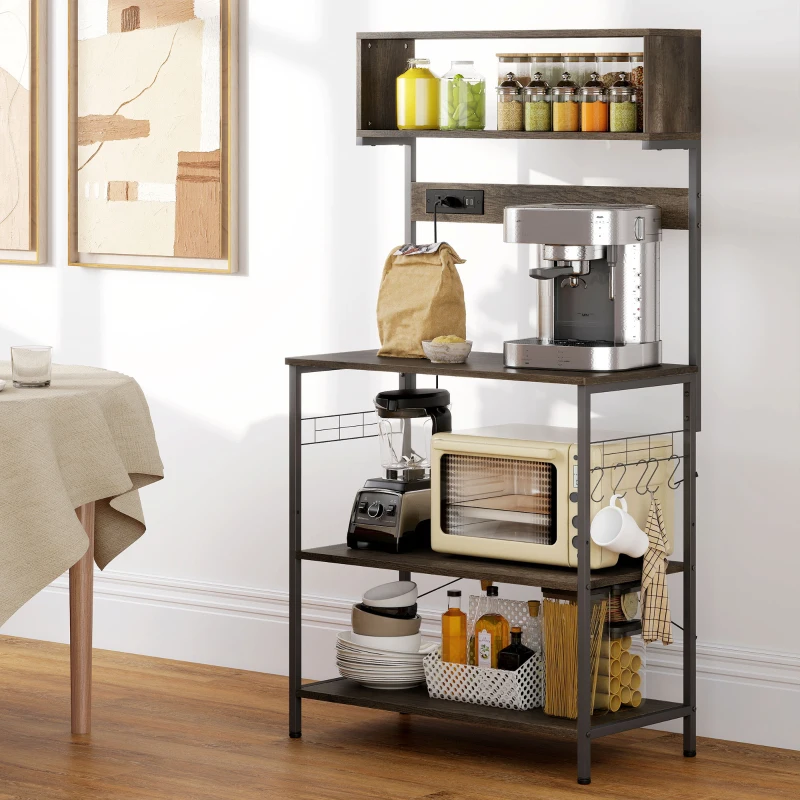 HOMCOM Baker's Rack with Charing Station, Microwave Shelf with Power Outlet, USB Charger and 5 Hooks, Distressed Grey