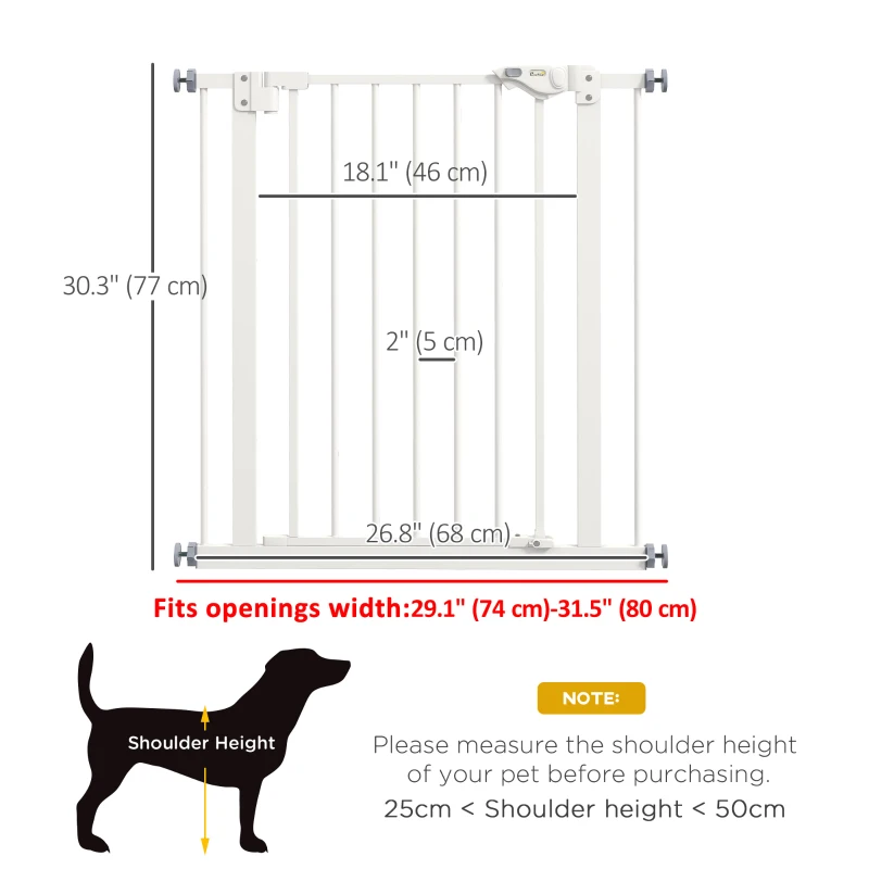 PawHut 30 Inch Tall Pet Gate with Door Dog Gate and Barrier Indoor for Stairs, Pressure-Mounted Safety Gate, White