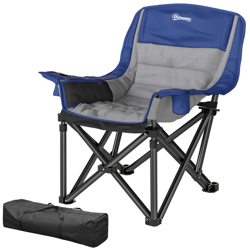 Outsunny Camping Chair for Adults, Portable Folding Camping Chair with Side Pockets, Cup Holders, Carry Bag, Blue and Gray