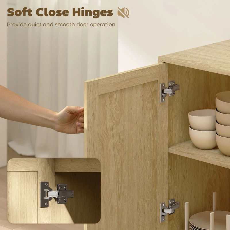 HOMCOM 47" Buffet Cabinet with Soft-Close Doors, Rattan Sideboard with Drawers, Adjustable Shelf and Wooden Legs, Natural