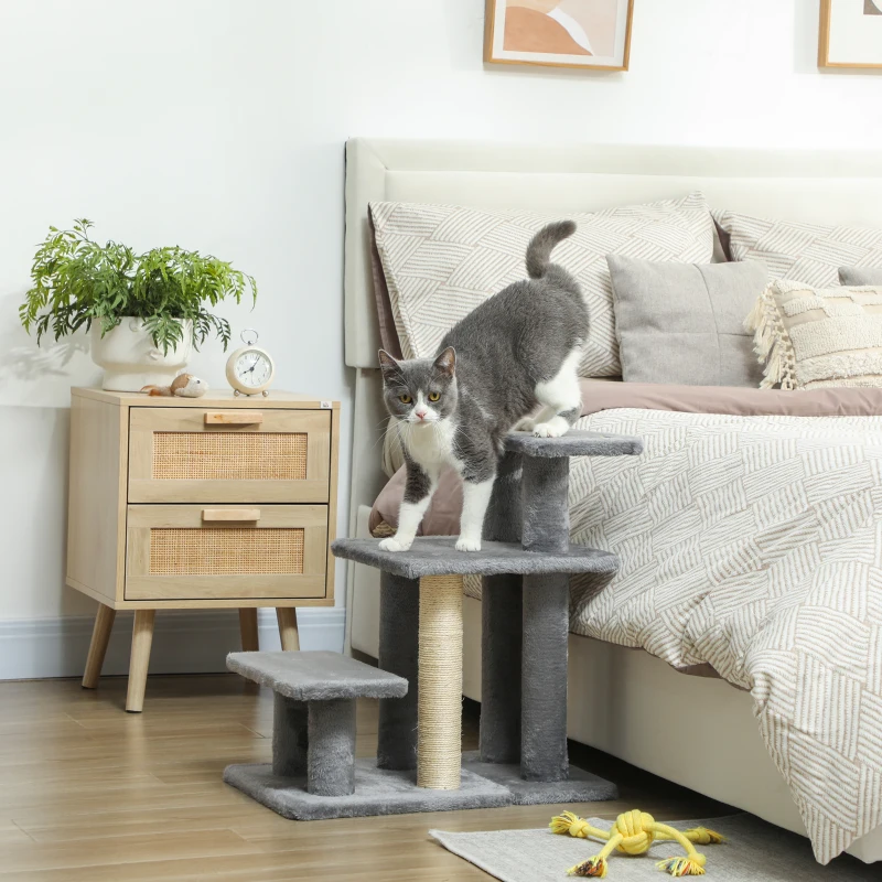 PawHut Cat Stairs with 2 Sisal Scratching Post for High Bed Couch, Adjustable 3-Tier Pet Stairs, Grey