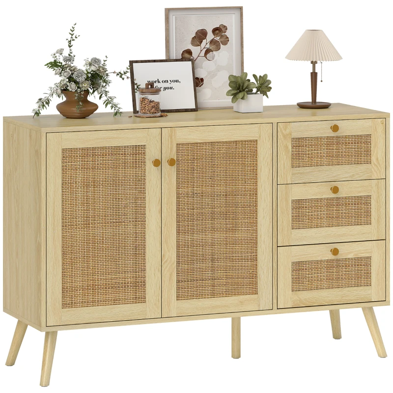 HOMCOM 47" Buffet Cabinet with Soft-Close Doors, Rattan Sideboard with Drawers, Adjustable Shelf and Wooden Legs, Natural