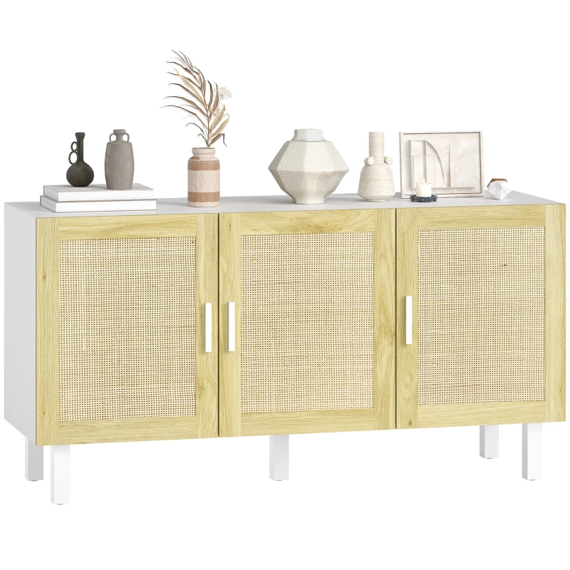 HOMCOM Boho Kitchen Cabinet, Buffet Cabinet with 3 Rattan Doors and Adjustable Shelves for Dining Room, White and Natural