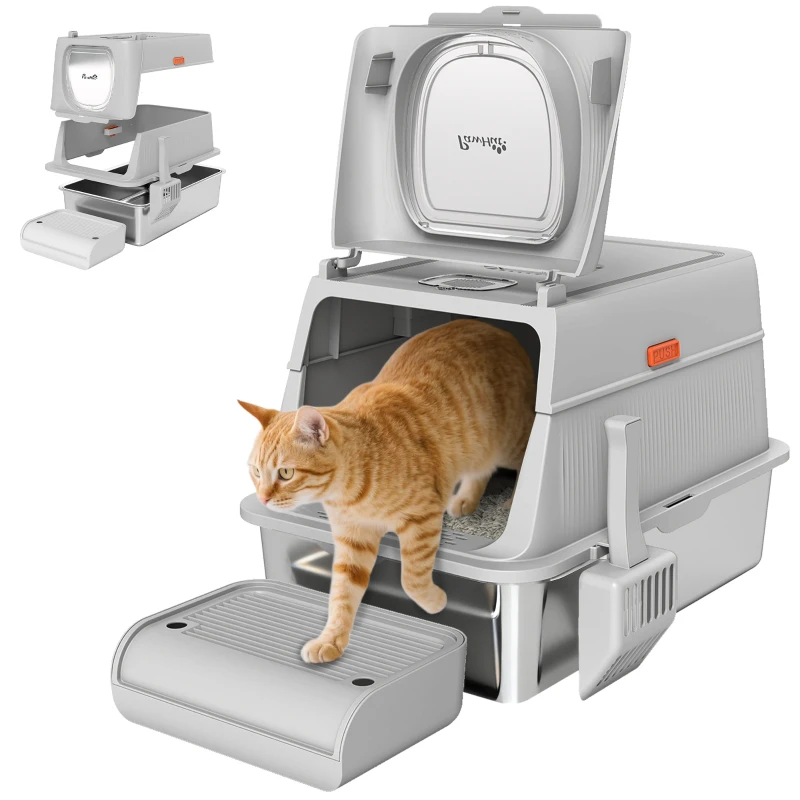 PawHut XL Stainless Steel Cat Litter Box, Kitty Litter Box with Flip Cover, Pedal, Deodorizer, for Big Cats