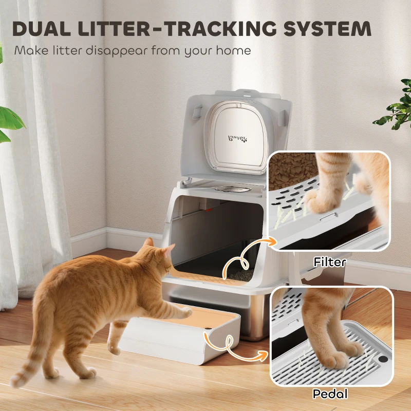 PawHut XL Stainless Steel Cat Litter Box, Kitty Litter Box with Flip Cover, Pedal, Deodorizer, for Big Cats