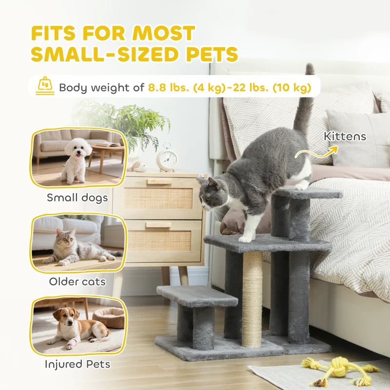 PawHut Cat Stairs with 2 Sisal Scratching Post for High Bed Couch, Adjustable 3-Tier Pet Stairs, Grey