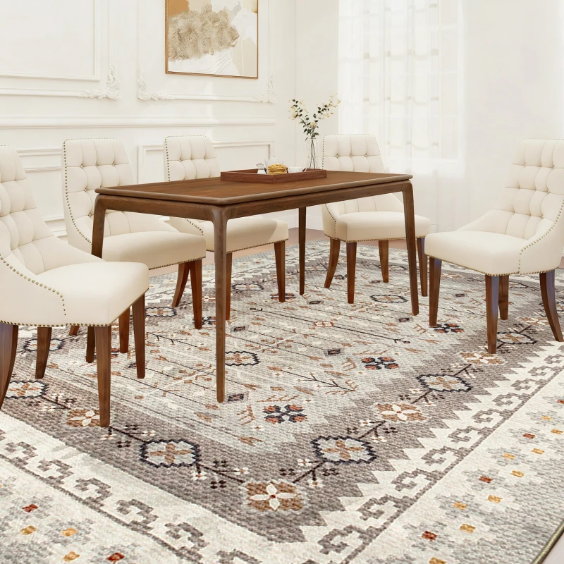 HOMCOM Machine Washable Area Rug 5x7, Non-Slip Boho Flannel Print Floor Carpet for Living Room, Bedroom, Dining Room, Brown