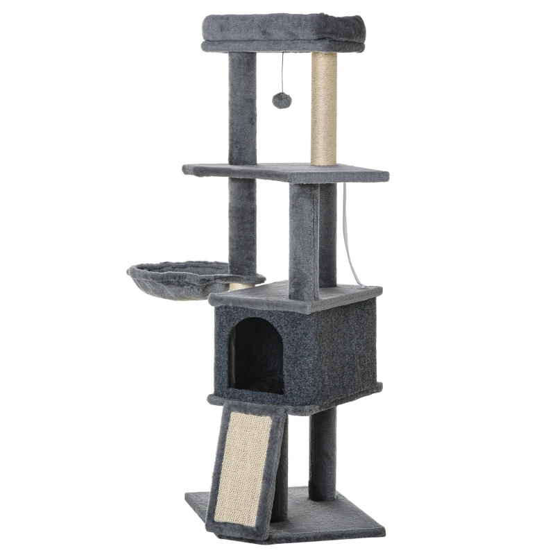 PawHut 50 Inch Cat Tree, Multi-Level Cat Tower with Sisal Scratching Posts and Ramp, Bed, Condo, Hammock, Toy Ball, Grey