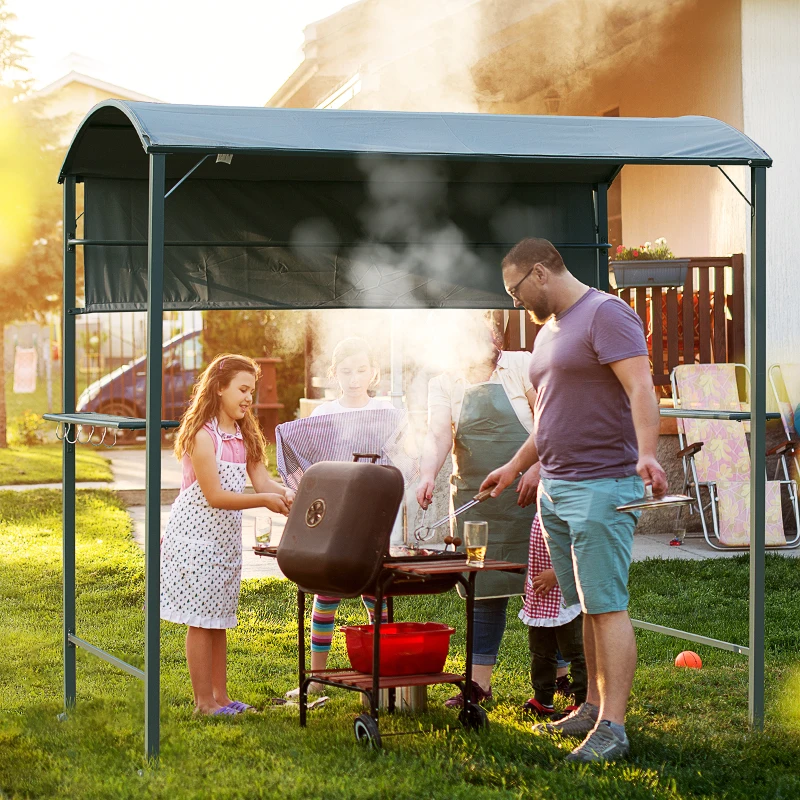 Outsunny 7FT Grill Gazebo BBQ Canopy with Sun Shade Panel Side Awning, 2 Exterior Serving Shelves, 5 Hooks for Patio Lawn Backyard