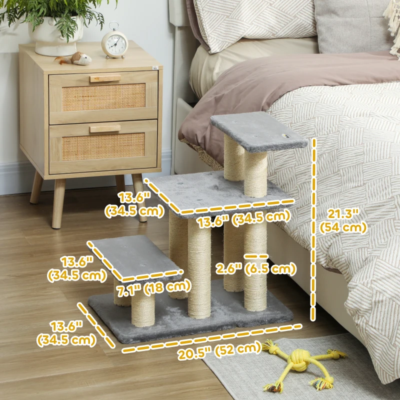 PawHut Cat Stairs with 2 Sisal Scratching Post for High Bed Couch, Adjustable 3-Tier Pet Stairs, White & Grey