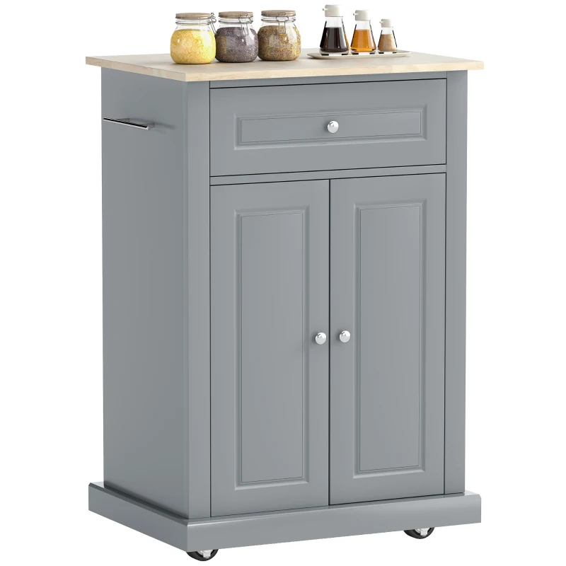 HOMCOM Rolling Kitchen Island Cart, Portable Serving Trolley Table with Drawer, Adjustable Shelf and 2 Towel Racks, Grey