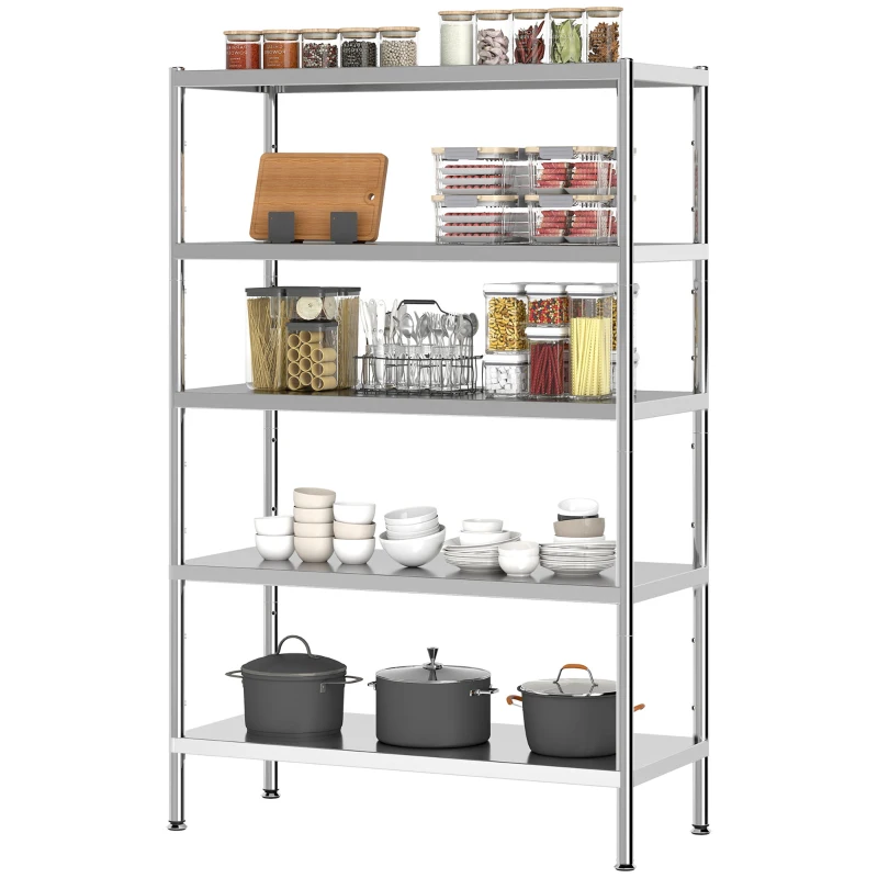 HOMCOM Bakers Rack, 5-Tier Stainless Steel Kitchen Storage Shelf with Adjustable Heights for Spices, Pots and Pans, Silver