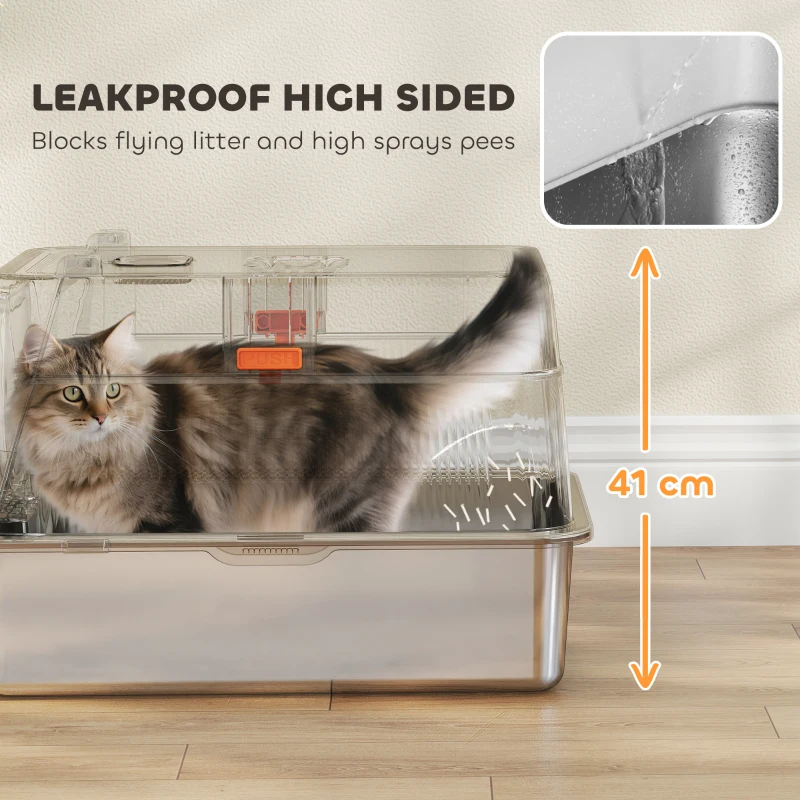 PawHut XL Stainless Steel Cat Litter Box, Kitty Litter Box with Flip Cover, Pedal, Deodorizer, for Big Cats